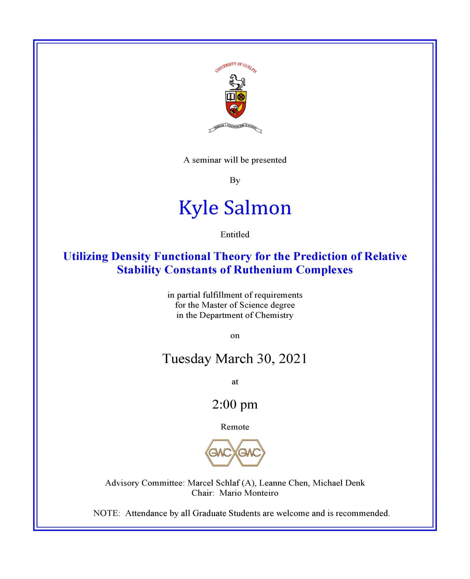 Seminar Announcement for Kyle Salmon.