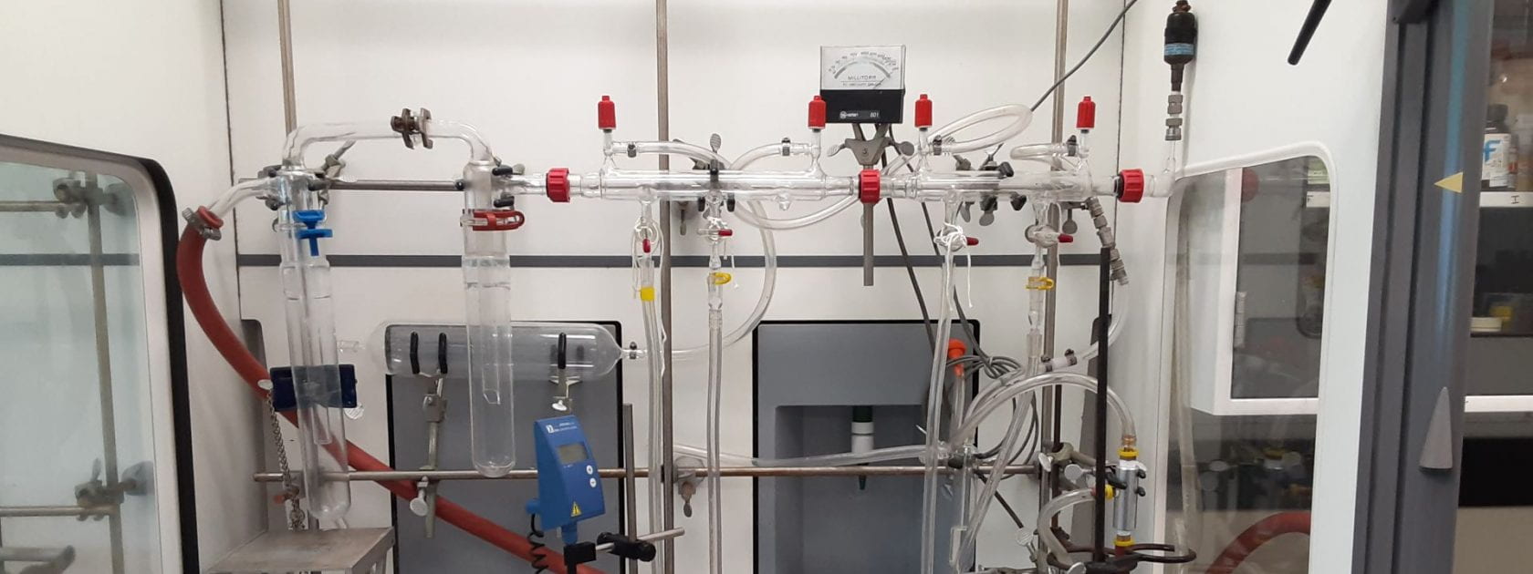 Photo of Schlenk line in a fume hood in the Schlaf lab